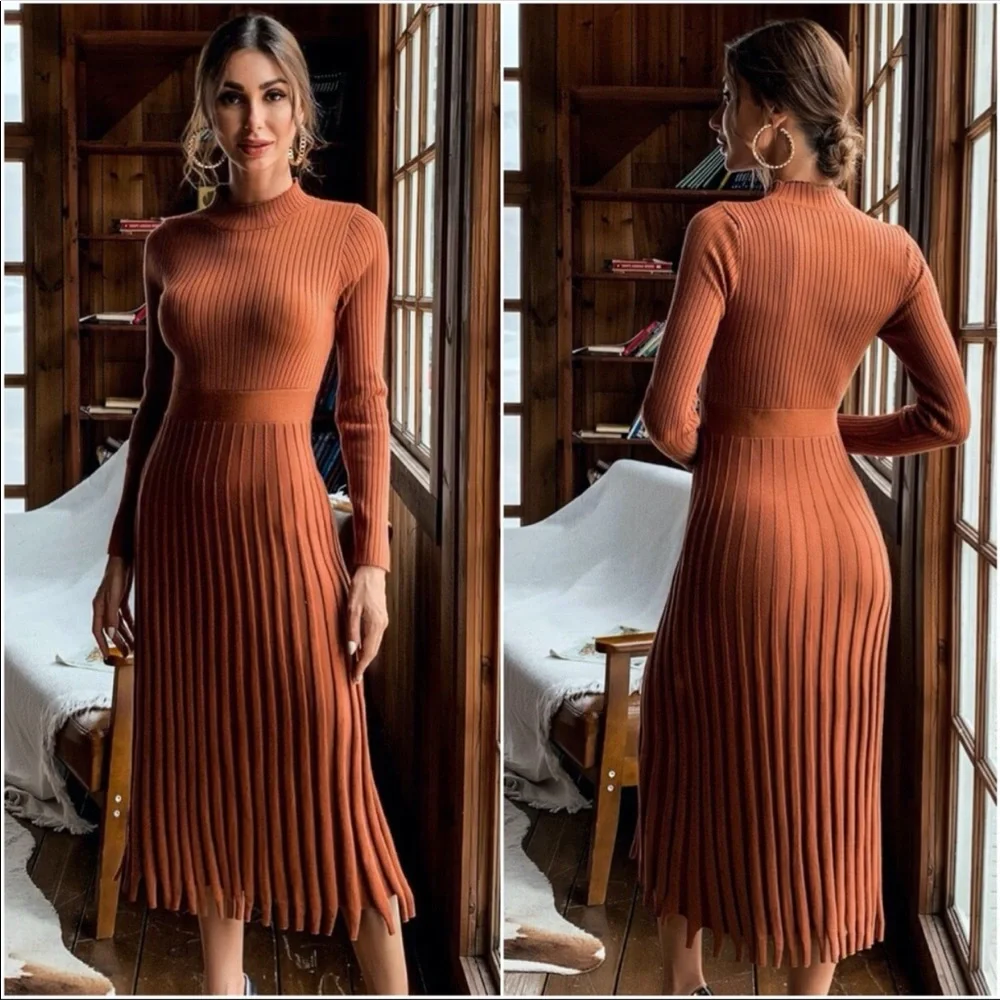 Fall Ribbed Knit Sweater Dress RUST - Picture 4 of 4